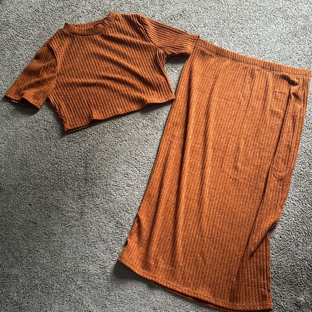 SHEIN Rust Ribbed Two-Piece Skirt Set